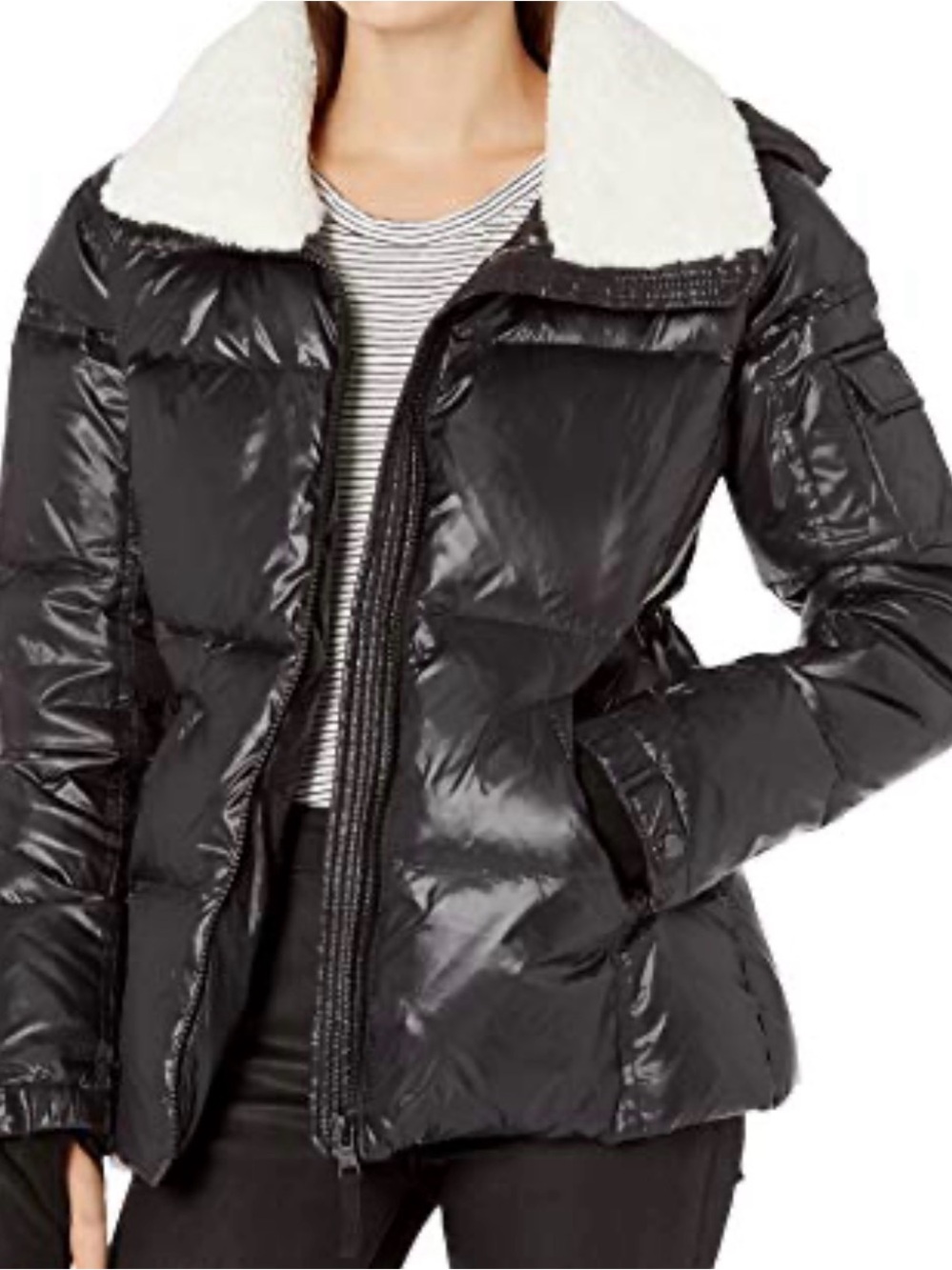 Aqua Black Puffer Jacket with Cream Faux-Shearling Collar